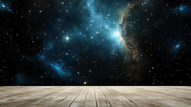 Wooden floor with stars and nebula in the background photo