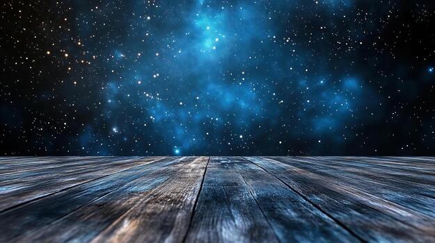 An empty wooden floor with a starry sky in the background photo
