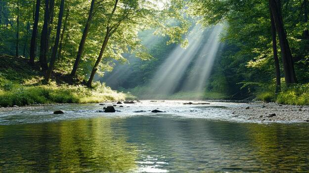 A river running through a forest with sunbeams shining through the trees photo