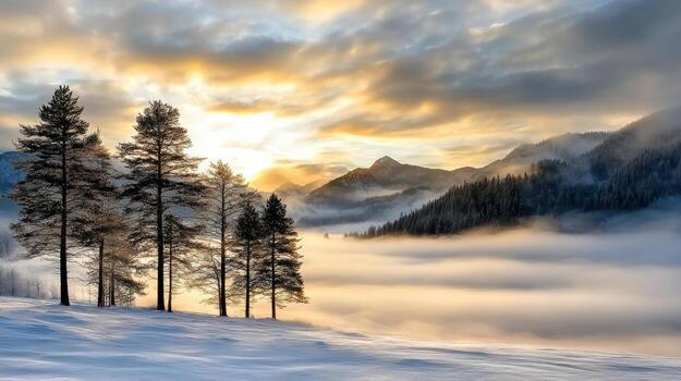 A snowy mountain landscape with trees and fog photo