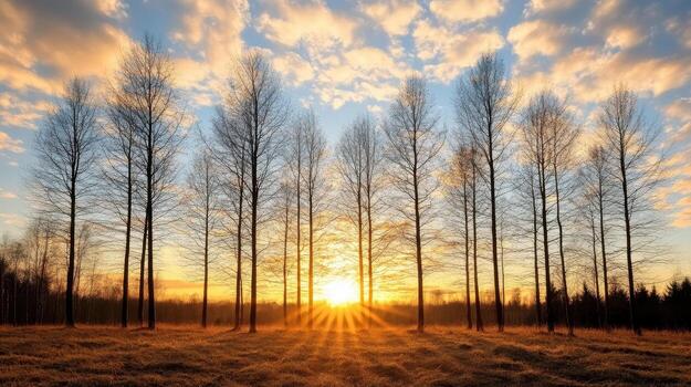 The sun rises over a field of trees photo