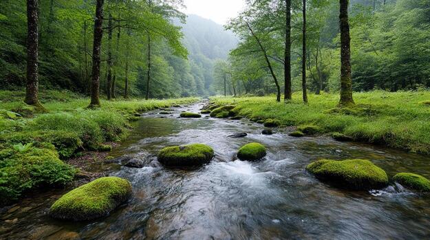 A stream running through a forest with green mossy rocks photo
