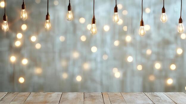 A wooden table with light bulbs hanging from it photo