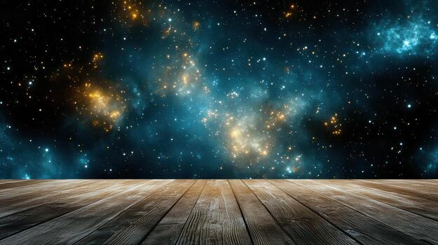 Wooden floor with stars and nebula background photo