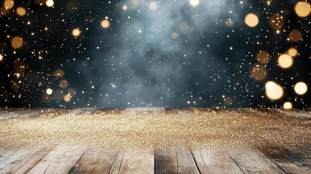 Golden lights on wooden floor with bokeh effect photo