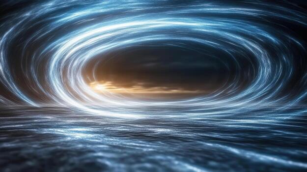 A blue vortex in the ocean with a sun in the background photo