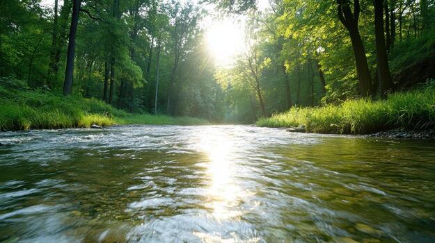 A river running through a forest with sunlight shining through photo