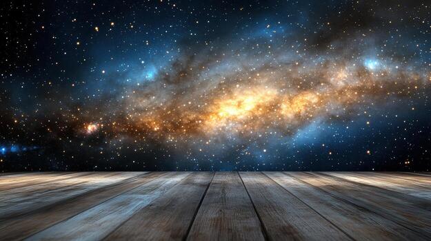 An empty wooden floor with a galaxy in the background photo