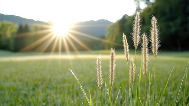 Grass in the sun with the sun shining behind it photo