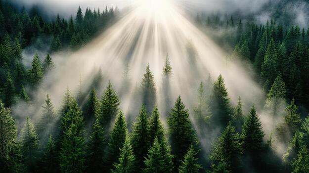 Sunbeams shining through the foggy forest photo