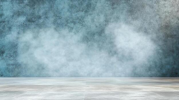 An empty room with a blue wall and a white floor photo