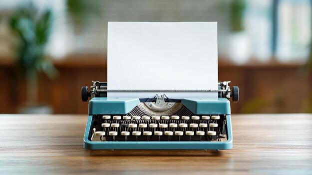 A vintage typewriter with a blank sheet of paper on a wooden table photo