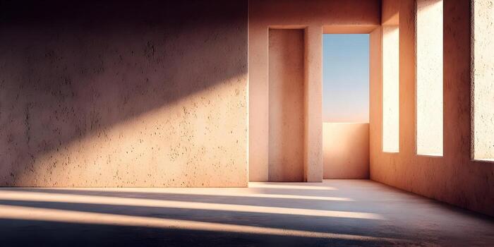 A minimalist architectural space is illuminated by warm natural sunlight creating abstract shadows and a serene mood photo