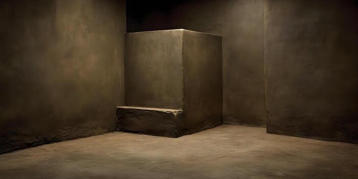 A dark and empty room with a concrete block in the corner offering a minimalist and textured background photo