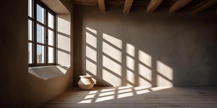 Sunlight streams through a large window creating dramatic shadows in a minimalist room with a rustic pot and wooden floor photo