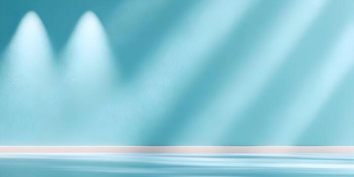 A serene empty room features a textured blue wall with bright spotlights and soft diagonal light rays creating a calming modern background photo