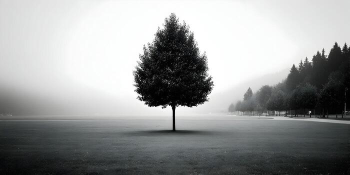 A solitary tree stands centered in a vast open field shrouded in a tranquil black and white fog photo