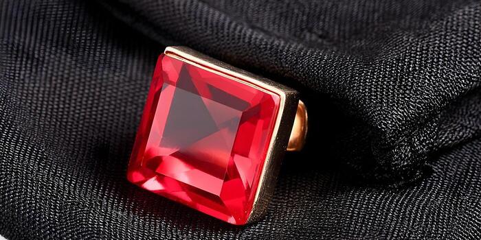 A close up view of a luxurious gold ring featuring a large rectangular red gemstone resting on a dark black textured fabric photo