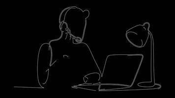 Animated continuous line art of man talking on headset, doing remote meeting on laptop, table lamp glowing, simple geometric stroke, transparent background, seamless loop video