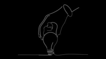 minimal kontinuerlig linje animering av en hand vändning på en ljus Glödlampa symboliserar kreativitet och idéer video