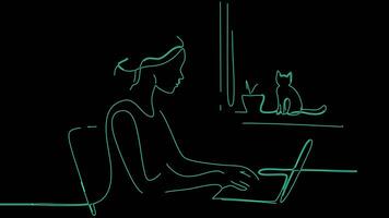 One-line drawing animation of woman typing on computer with cat sitting near window, cozy home office, minimal continuous stroke, aesthetic white background, slow smooth motion video