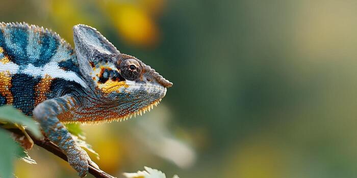 A colorful chameleon with striking patterns rests on a branch in a natural sunlit environment photo
