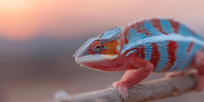 A vibrant red and blue panther chameleon with striking patterns rests on a branch against a softly blurred sunset background photo