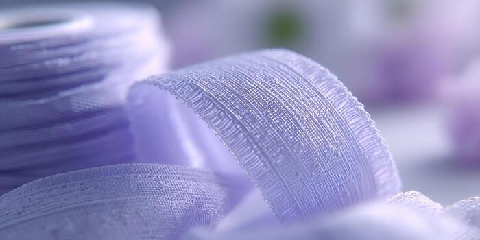 A close up shot reveals the intricate texture of soft lavender ribbon gently unfurling from a spool creating a delicate textile background photo
