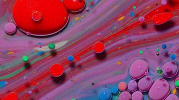topp se rörelse av ljus olja bubblor i långsam rörelse. flerfärgad yta bakgrund. fantastisk universum strukturera av färgrik rör på sig röd bubblor. konstnärlig bild av bläck droppar flytande på vatten video