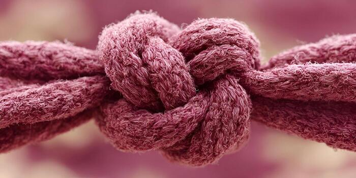 A vibrant purple cord with a fuzzy texture is tied into a tight knot against a soft background photo