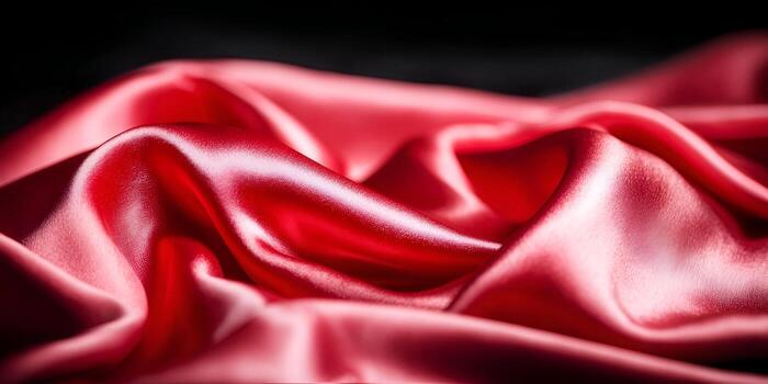 A detailed close up shows the luxurious red satin fabric draped in elegant folds creating a smooth and shiny texture photo