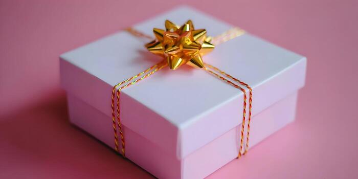 un prístino blanco regalo caja adornado con un reluciente oro arco y vistoso cuerda se sienta en un suave rosado antecedentes foto