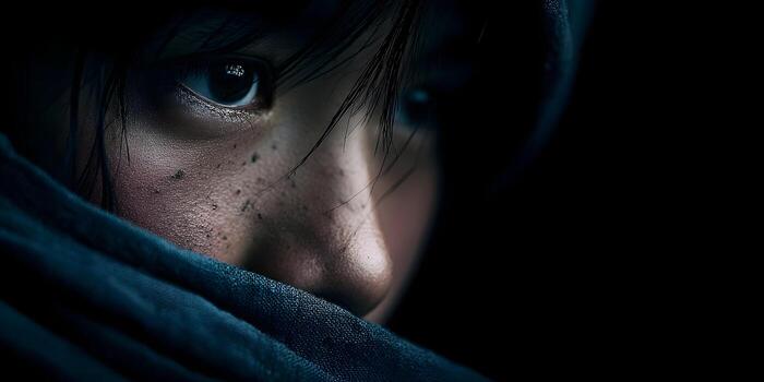 A young person with a serious gaze emerges from the shadows their face partially covered by a dark blue hood in a low key portrait photo