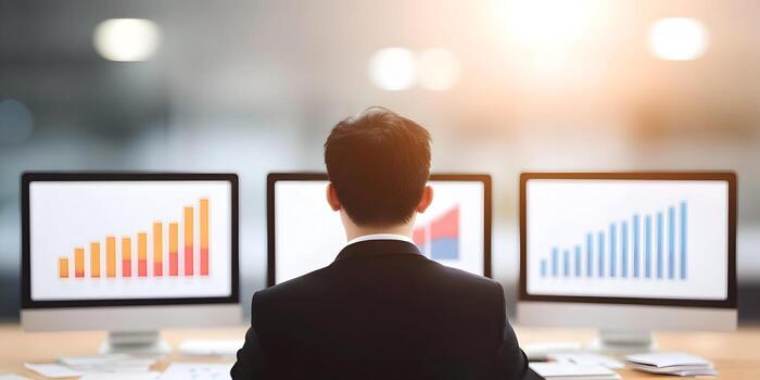 A professional from behind analyzes business data on multiple computer screens in an office environment photo