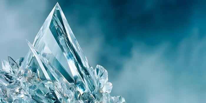 A sharp clear crystal or ice formation stands tall against a cool blue background creating an abstract cold environment photo