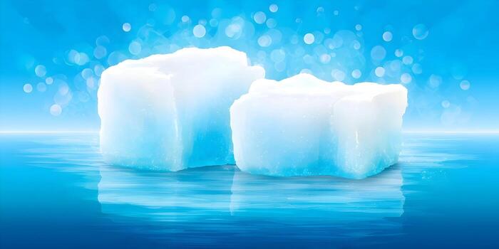 Two large ice blocks float on a calm blue water surface under a bright sky with bokeh light photo