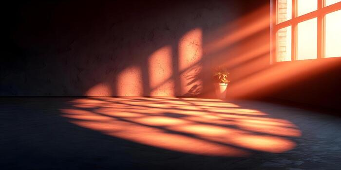 Golden hour sunlight shines through a window into a minimalist room creating beautiful light and shadow patterns photo