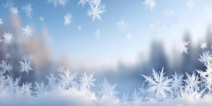 delicado escarcha y hielo cristales formar intrincado patrones en un ventana con un borroso ligero azul invierno antecedentes foto