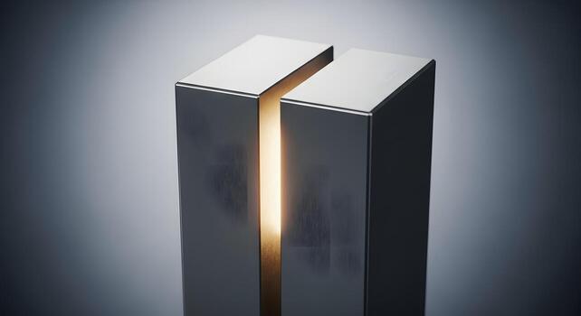 Abstract 3D rendering of two vertical metallic rectangular blocks, with a light source glowing between them photo