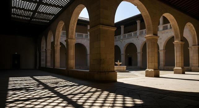 Sunlight patterns cast geometric shadows across the courtyard of a historic building with arches and columns photo