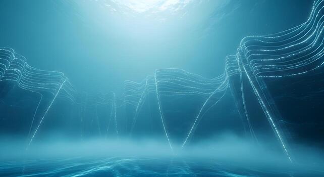 Abstract digital data waves flow through a serene underwater realm, depicting a futuristic network of energy and information in a deep ocean environment with luminous currents photo