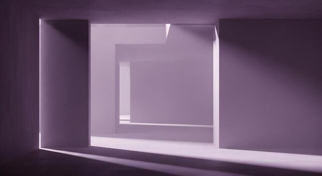 Abstract minimalist architectural interior. Soft purple light and shadows highlight geometric forms, creating profound depth and a serene, futuristic backdrop with modern aesthetic photo