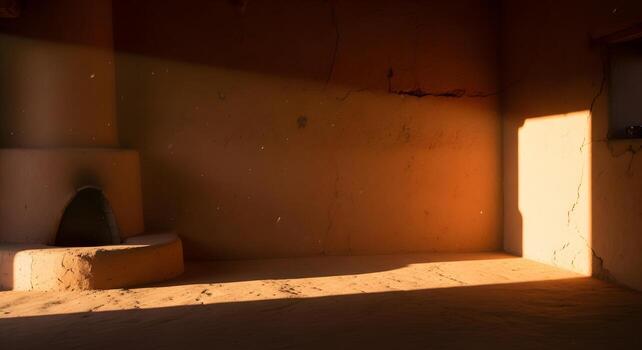 calentar tarde luz de sol corrientes dentro un vacío, rústico adobe habitación con texturizado barro paredes y un tradicional esquina hogar, creando un sereno y eterno minimalista interior foto