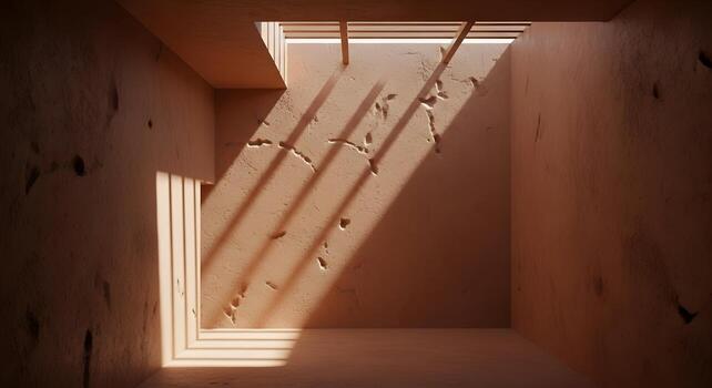 Dramatic play of sunlight and shadows illuminating an empty, textured architectural space, creating a minimalist abstract design with warm earthy tones and stark contrasts photo