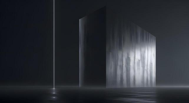 Abstract architectural form illuminated by a single beam of light, set against a dark, moody background photo
