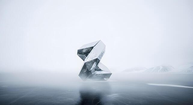 An imposing, angular metallic structure rises from a slick, dark ice sheet, surrounded by a minimalist, foggy arctic panorama, showcasing stark beauty and modern abstraction photo