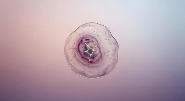 Microscopic view of a single cell with nucleus and internal structures on a gradient background photo