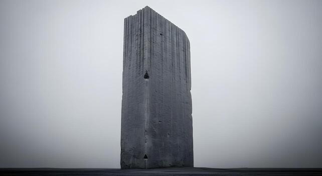 Imposing textured concrete monument rising from the desolate ground into an overcast sky, creating a powerful, abstract statement of solitude and resilience within a minimalist landscape photo
