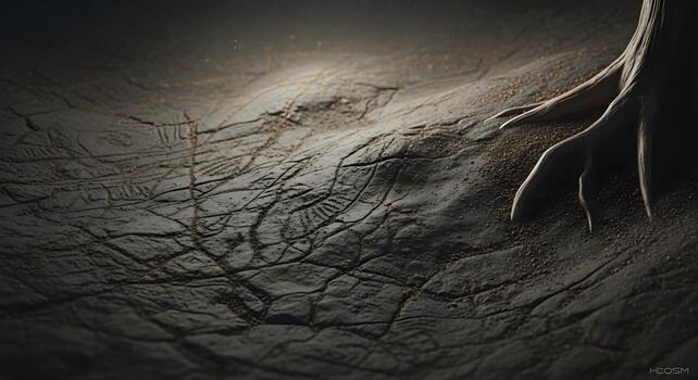 Deeply textured earth reveals intricate, ancient patterns reminiscent of petroglyphs, alongside a gnarled root, bathed in an ethereal, subtle light creating a mystical, primeval scene photo
