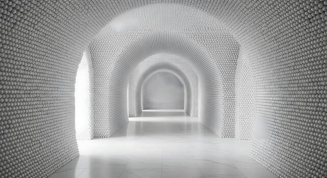 Luminous white arched corridor with intricate spherical wall textures, creating a futuristic, minimalist tunnel. A conceptual vision of modern architecture and infinite depth photo